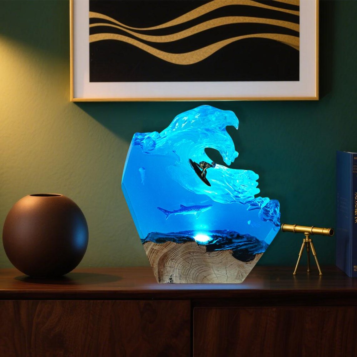 Resin Ocean Lamp — Surfer Riding a Giant Wave with Whale Shark & Jellyfish on Natural Wood - view 2