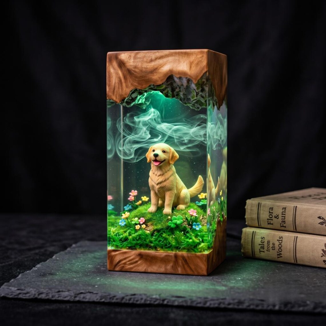 Resin Lamp — Golden Puppy in a Flower Meadow with Smoke Swirls, Resin Art Lamp with Wood Base - view 5