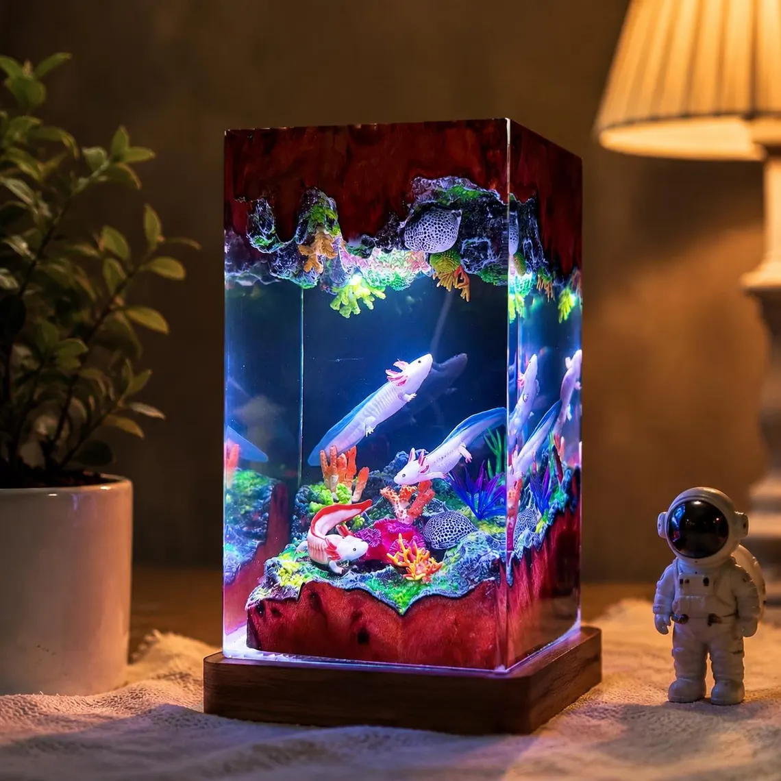 Axolotl Lamp — Pink & White Axolotls with Coral and Moss in Red Wood Epoxy Resin Block - view 1