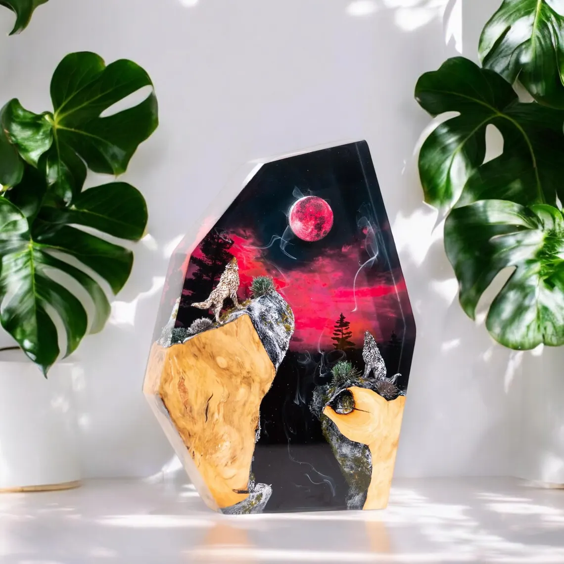 Resin Lamp — Two Wolves Howling under a Full Moon and Red Sky, Natural Wood Resin Art Lamp - view 5