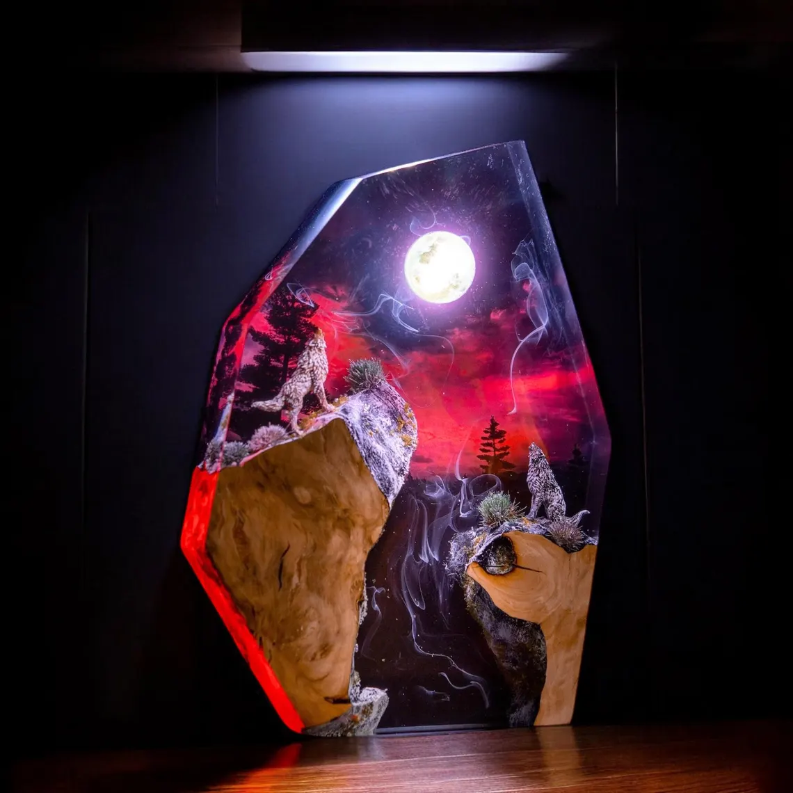 Resin Lamp — Two Wolves Howling under a Full Moon and Red Sky, Natural Wood Resin Art Lamp - view 4