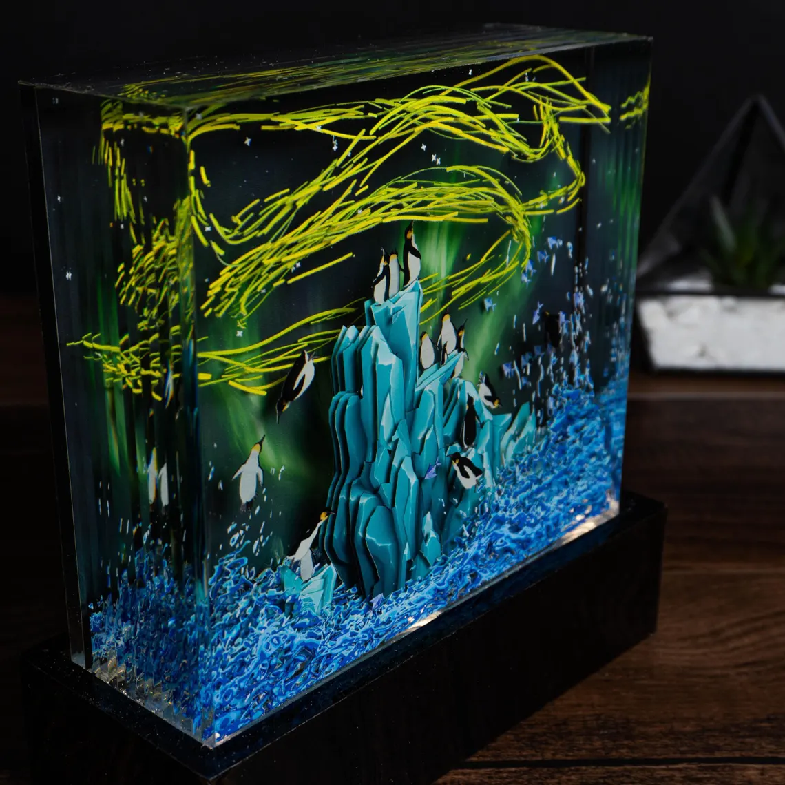 Epoxy Lamp — Penguin Colony on Blue Ice Peaks under a Green Aurora, Epoxy Resin Art Lamp - view 5