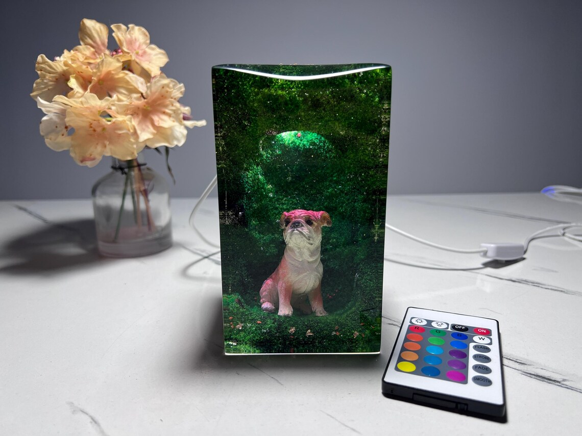Epoxy Resin Lamp — Pug in a Glowing Green Moss Arch, Color-Changing Resin Art Lamp - view 4