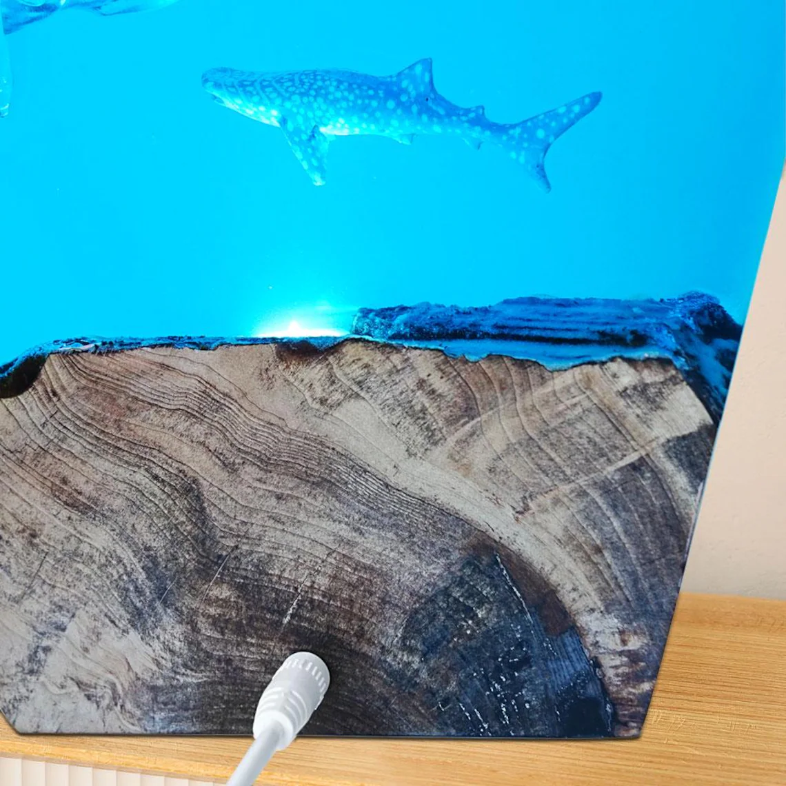 Resin Ocean Lamp — Surfer Riding a Giant Wave with Whale Shark & Jellyfish on Natural Wood - view 5