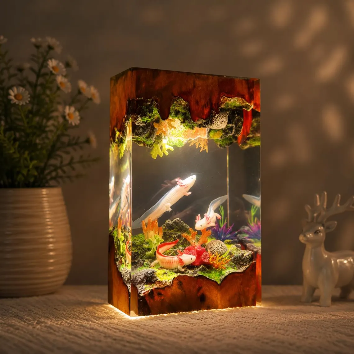 Axolotl Lamp — Pink & White Axolotls with Coral and Moss in Red Wood Epoxy Resin Block - view 5
