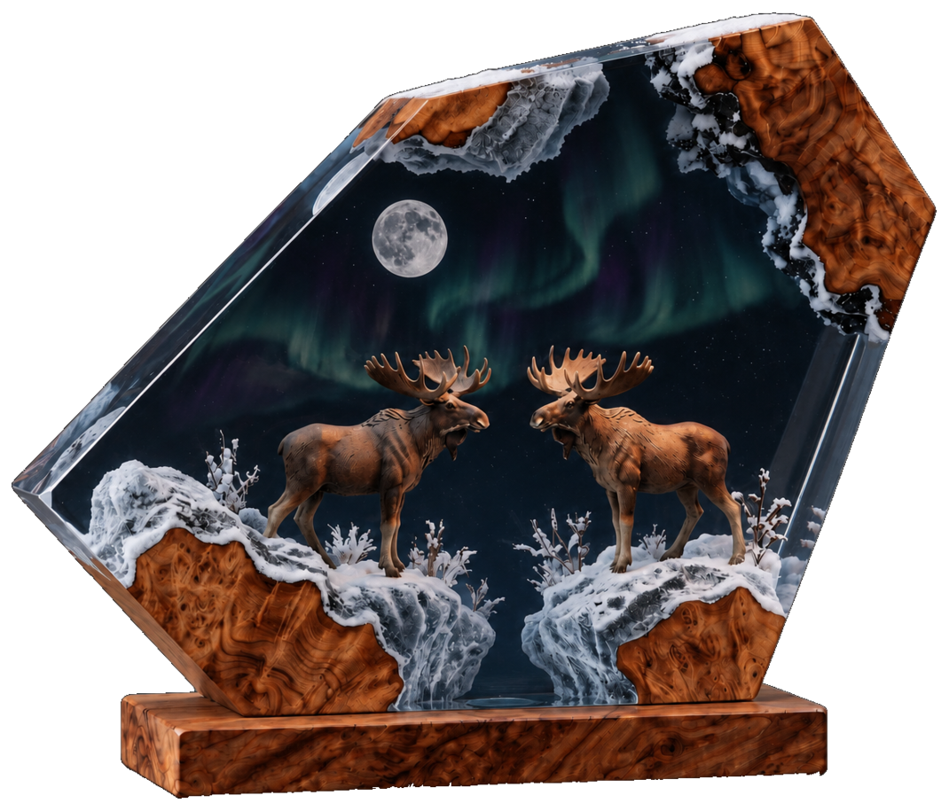 Aurora moose resin lamp with a glowing northern lights scene