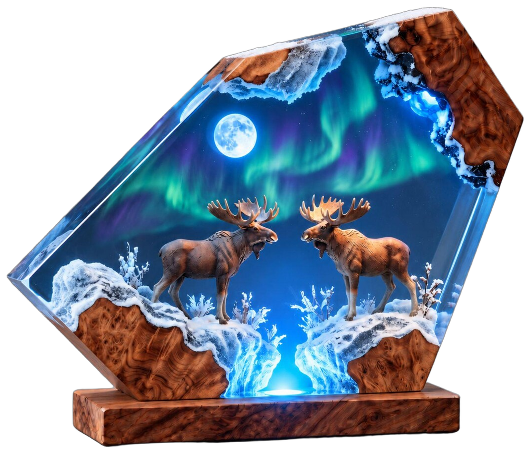 Aurora moose resin lamp with a glowing northern lights scene
