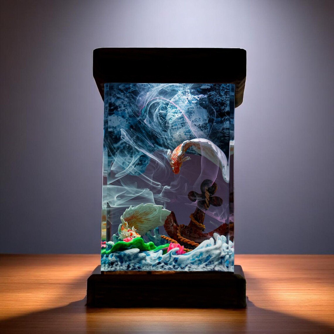 Koi and anchor resin lamp with dark wood top