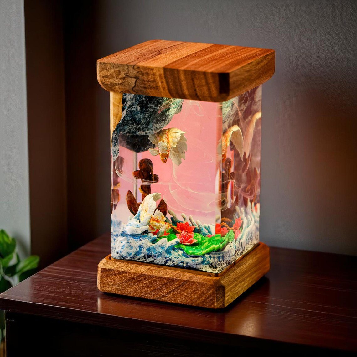 Koi resin lamp glowing pink with lotus and anchor