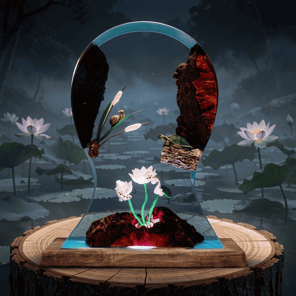 Resin Lamp — White Lotus Pond with Turtle, Snail and Cattails in Blue Epoxy, Wood Base - view 2