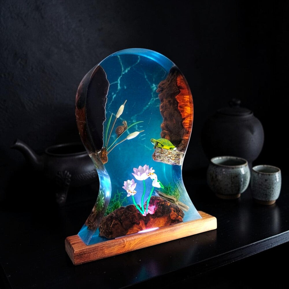 Resin Lamp — White Lotus Pond with Turtle, Snail and Cattails in Blue Epoxy, Wood Base - view 1