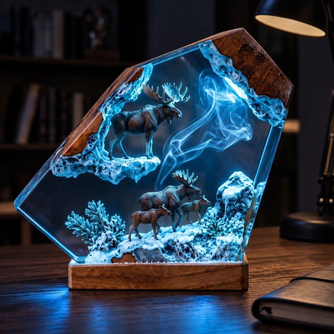 Moose winter forest epoxy night light near a desk lamp