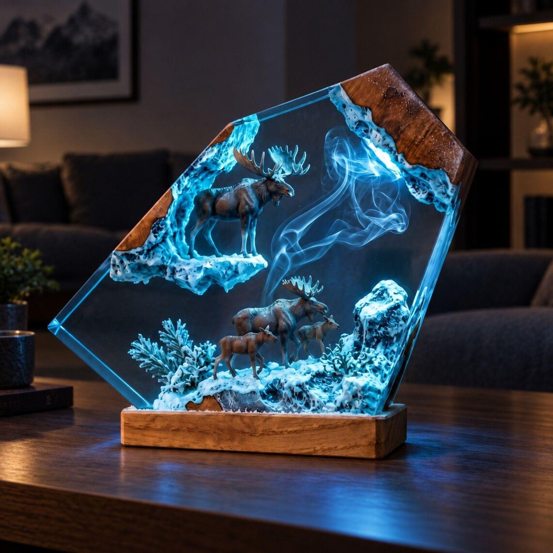 Moose resin lamp glowing on a living room coffee table
