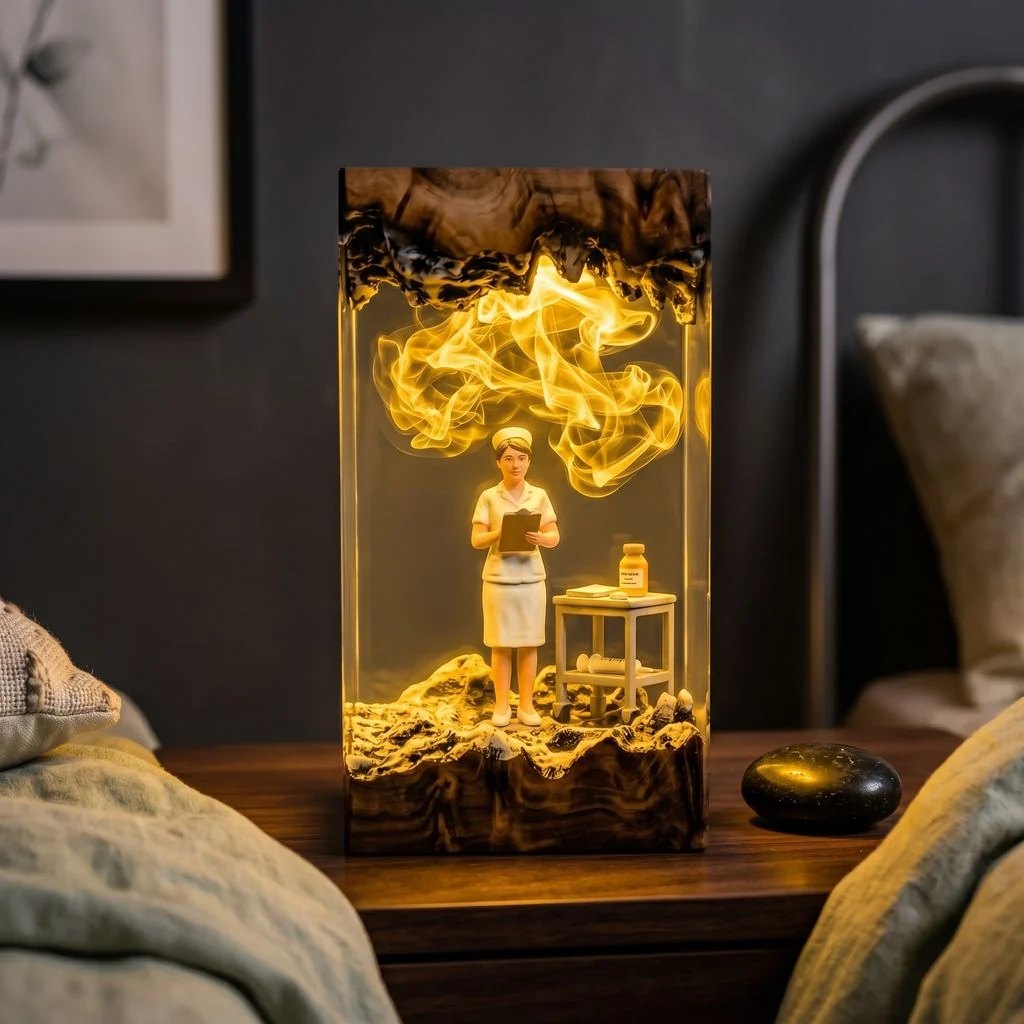 Nurse resin lamp glowing warm yellow on a bedside table