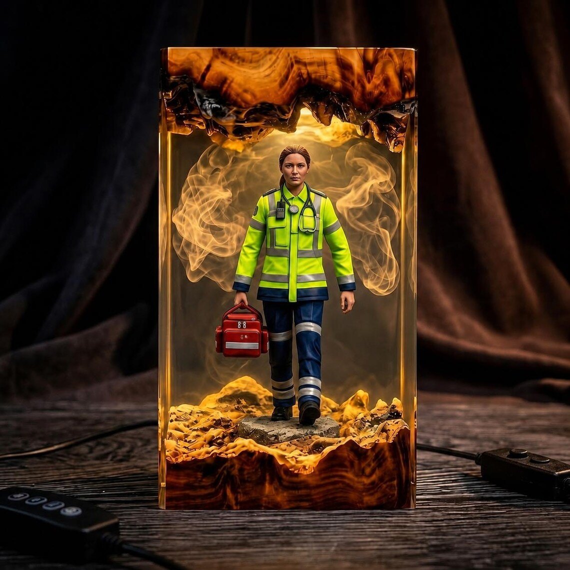 Paramedic resin lamp in amber light with cable