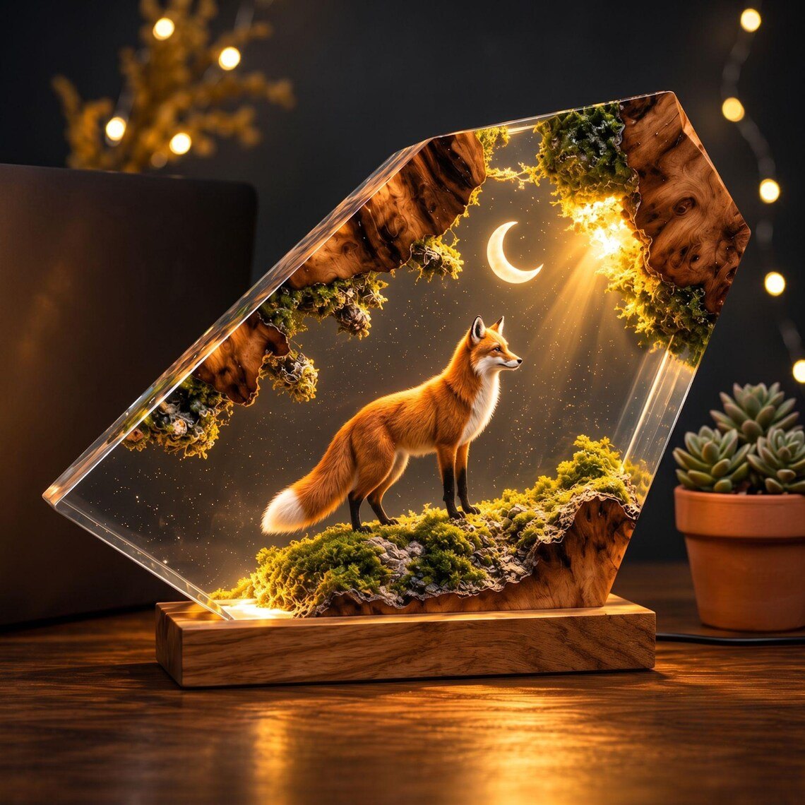 Fox moon moss epoxy night light beside a succulent