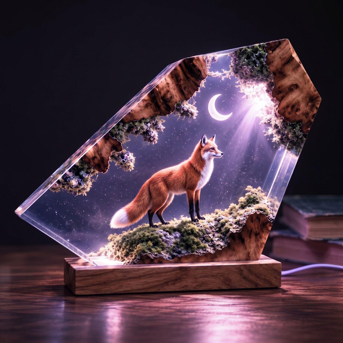 Red fox resin lamp lit in soft violet