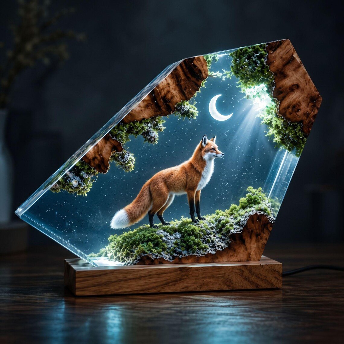 Fox crescent moon resin lamp glowing cool blue