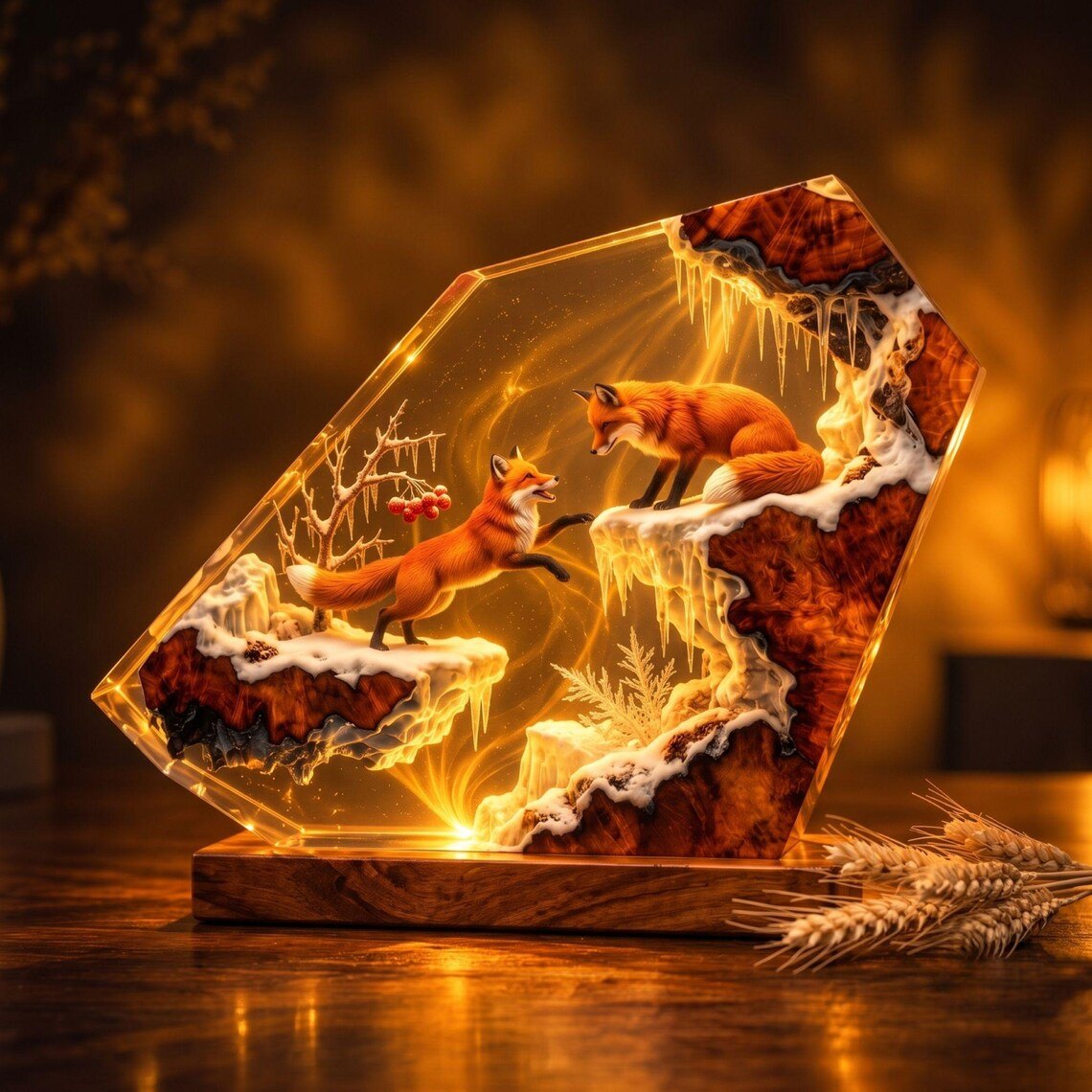 Two red foxes resin lamp glowing gold on a table