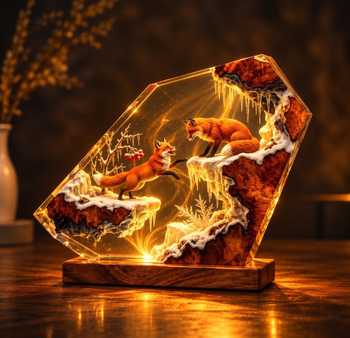Red fox epoxy night light with icicles and red berries