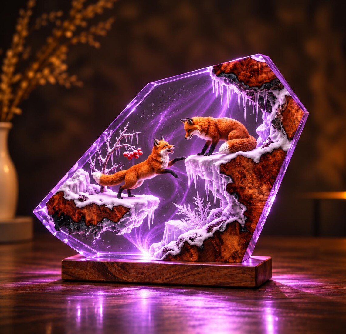 Two foxes on icy cliffs resin lamp lit in violet