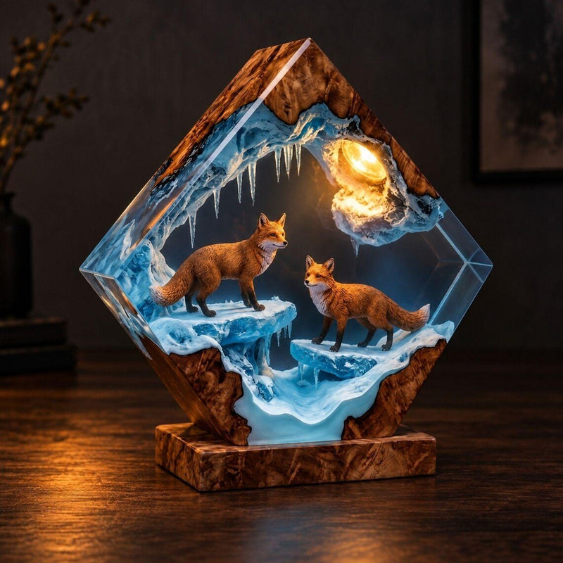 Two foxes ice cave resin lamp glowing warm gold