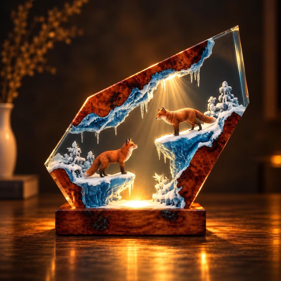 Red foxes snowy ice canyon resin lamp glowing gold