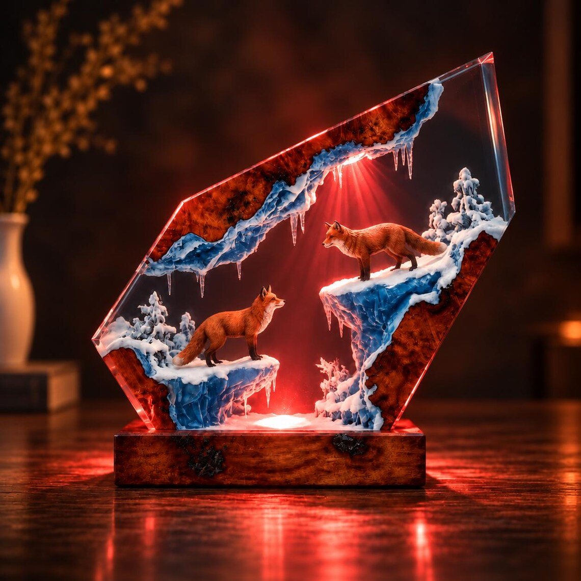 Fox resin lamp with blue ice ledges lit in red