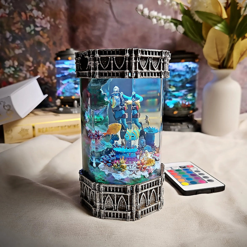 Scuba diver coral reef resin lamp in gothic silver frame with remote