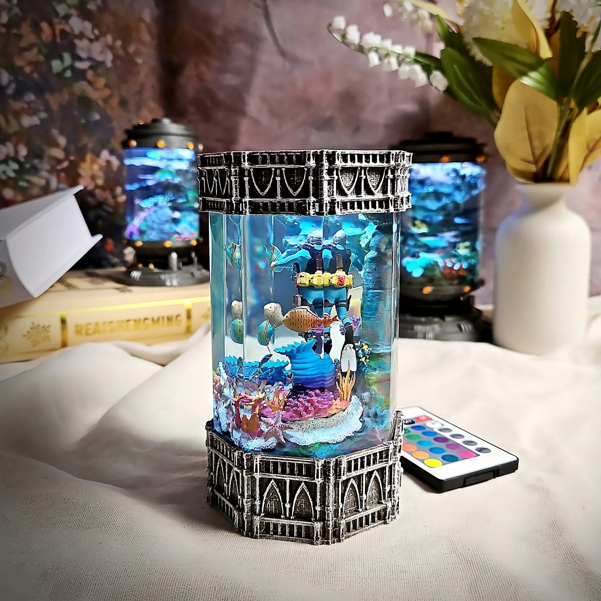 Side view of the diver lamp showing yellow tank and reef