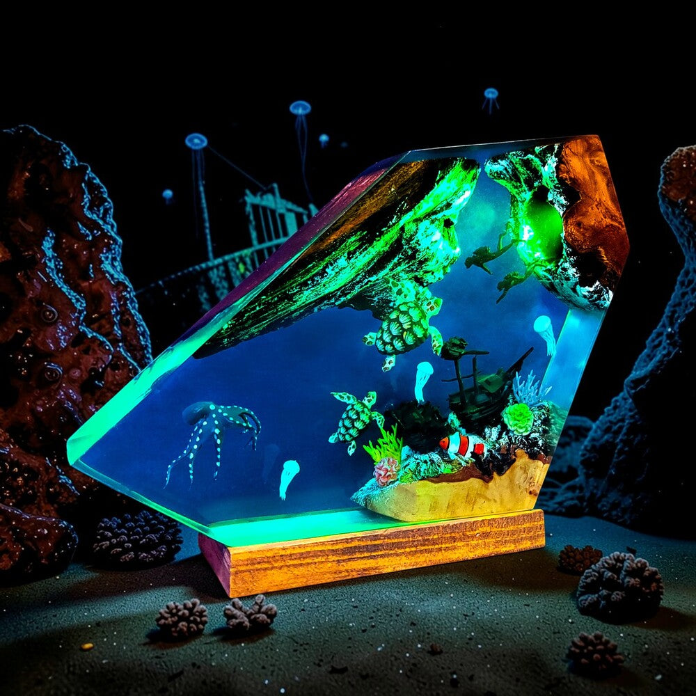 Epoxy Lamp — Sea Turtles, Shipwreck, Jellyfish & Divers Ocean Scene in Faceted Resin with Wood - view 2