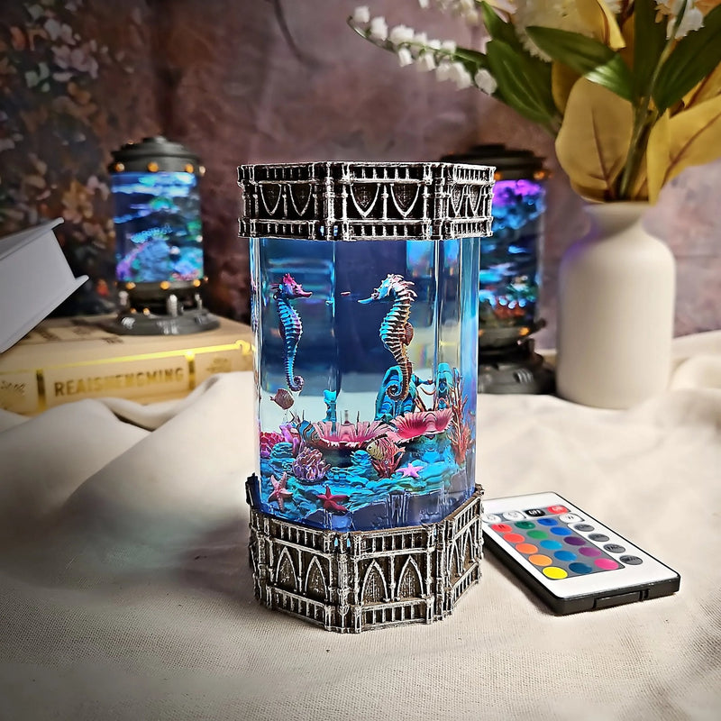 Seahorse coral reef resin lamp in gothic silver frame with remote