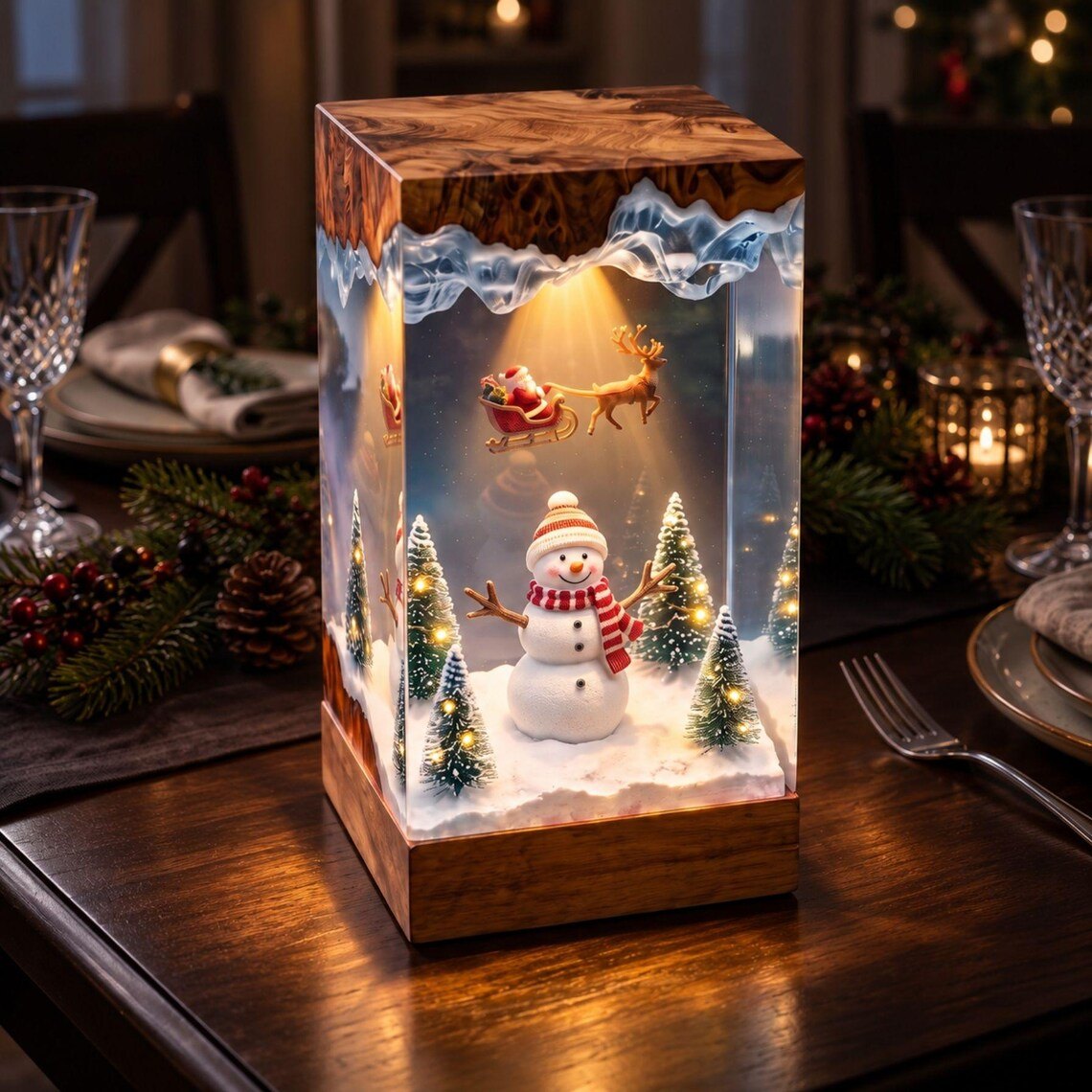 Snowman Christmas resin lamp on a dining table