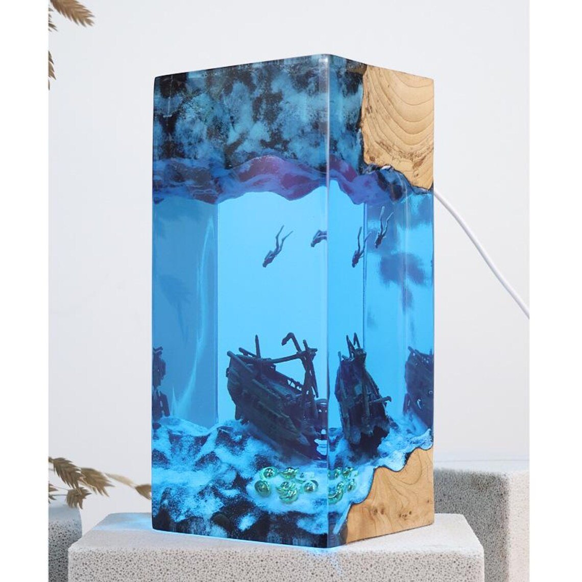 Angled view of the sunken ship resin lamp