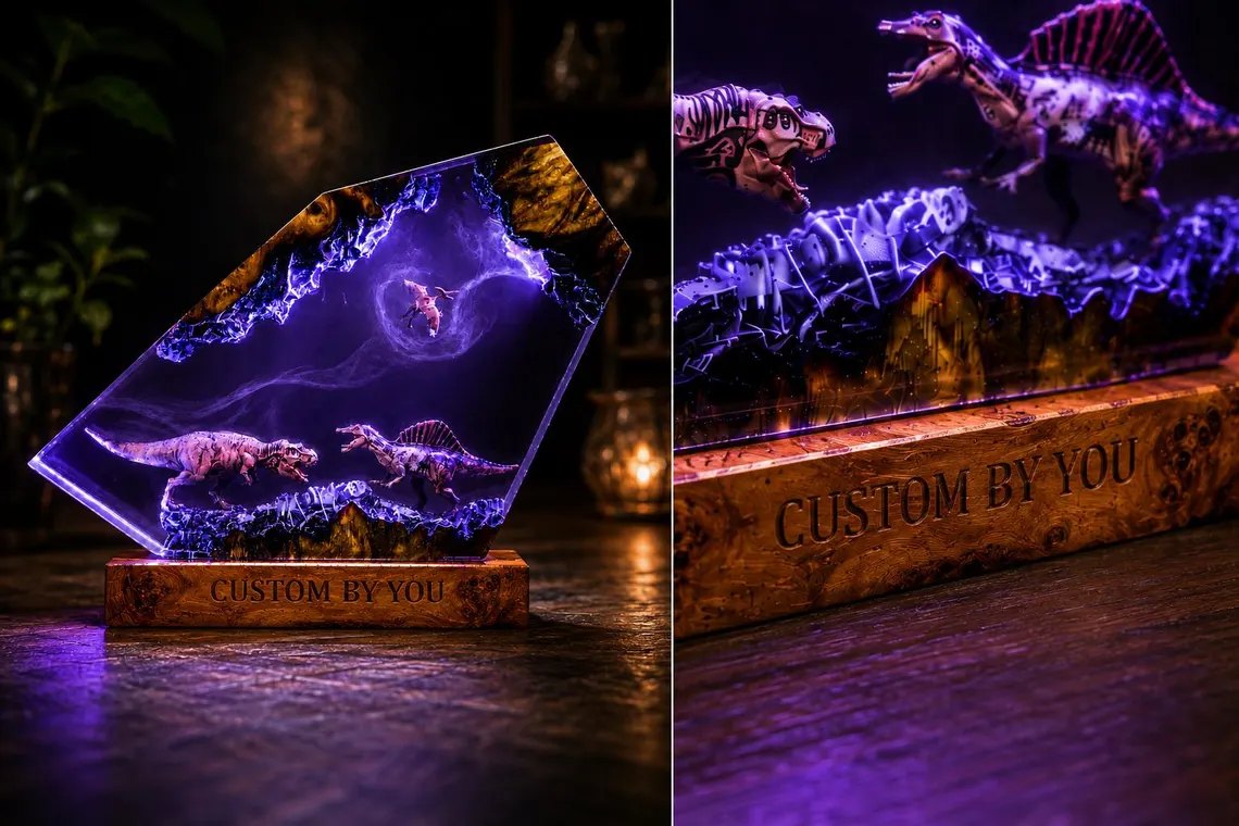 Resin dinosaur lamp and close-up of its engraved burl wood base