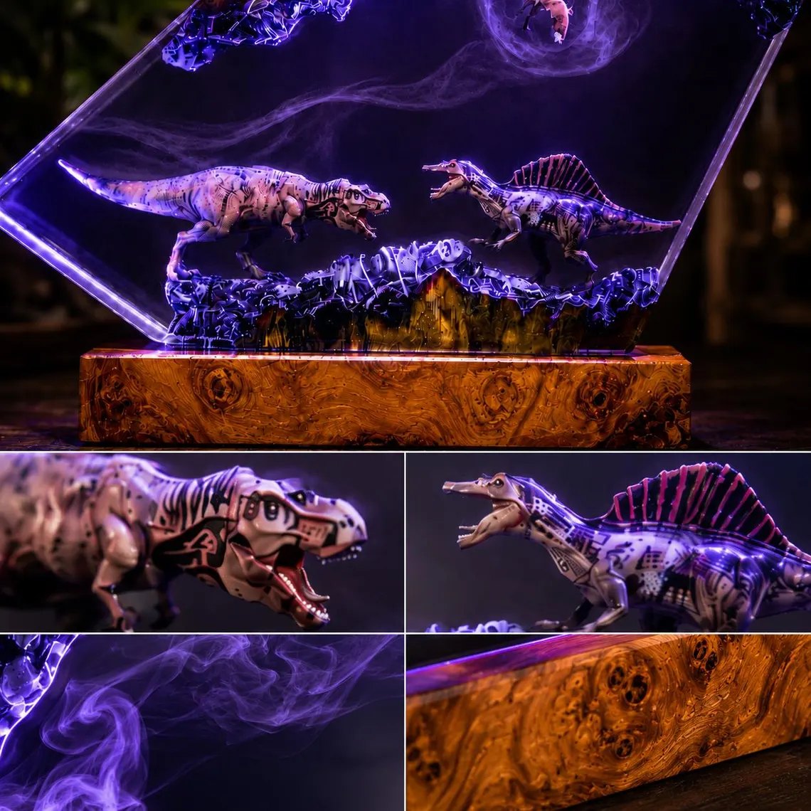 Close-up collage of the T-Rex, Spinosaurus, smoke swirl and burl wood grain
