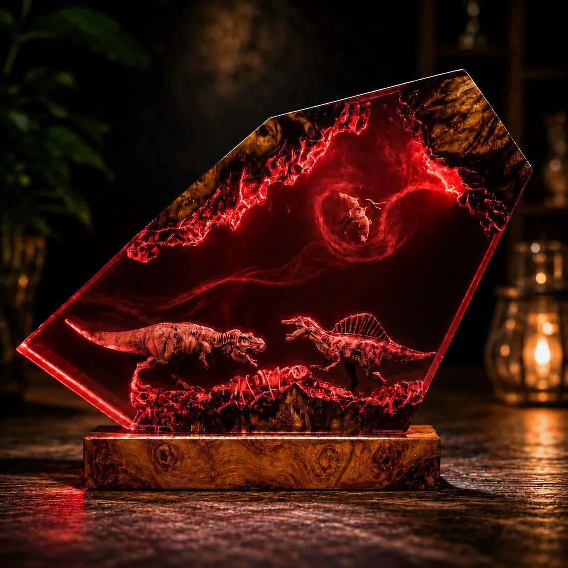Dinosaur epoxy lamp glowing red