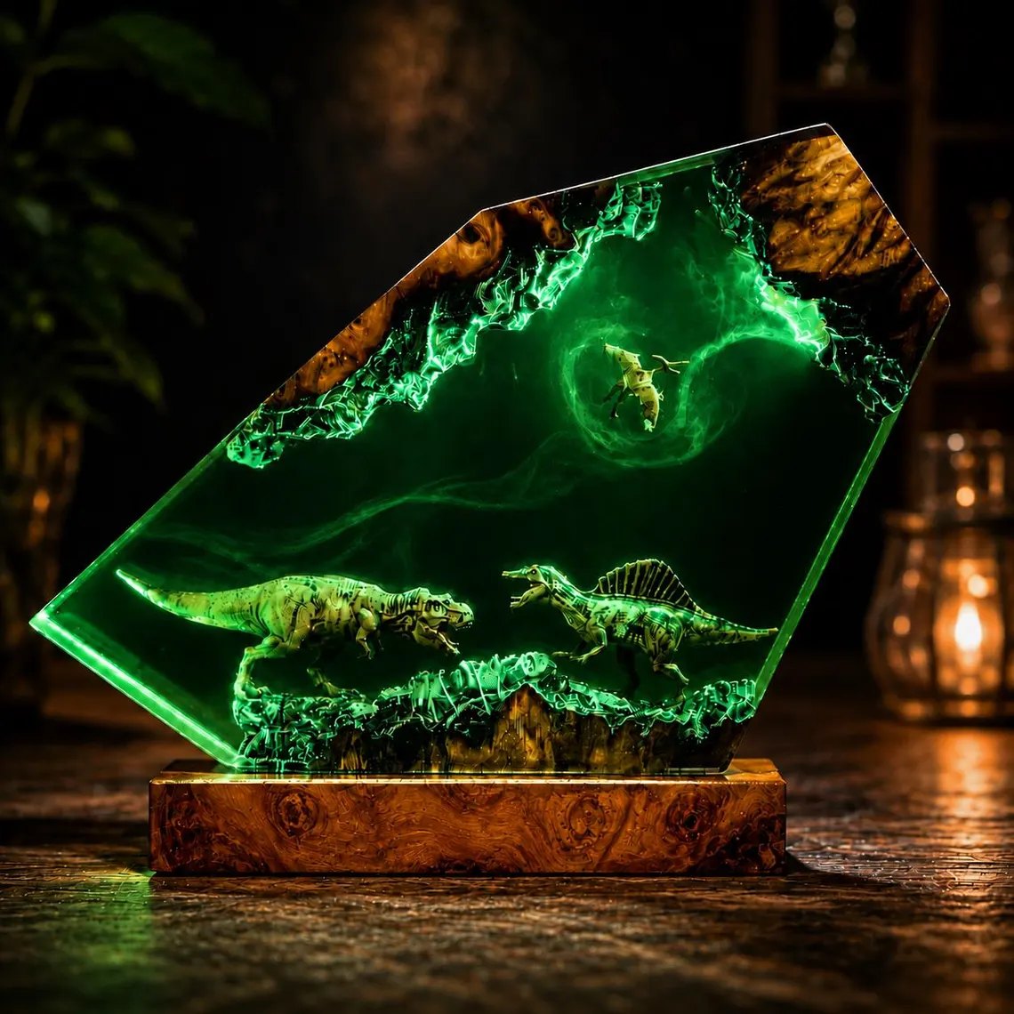 Dinosaur epoxy lamp glowing green