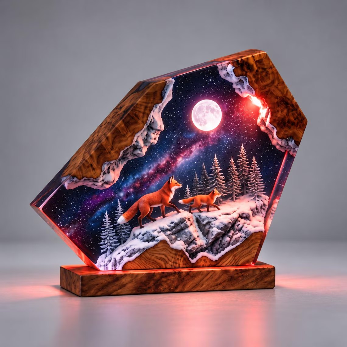 Fox snowy ridge resin lamp glowing red
