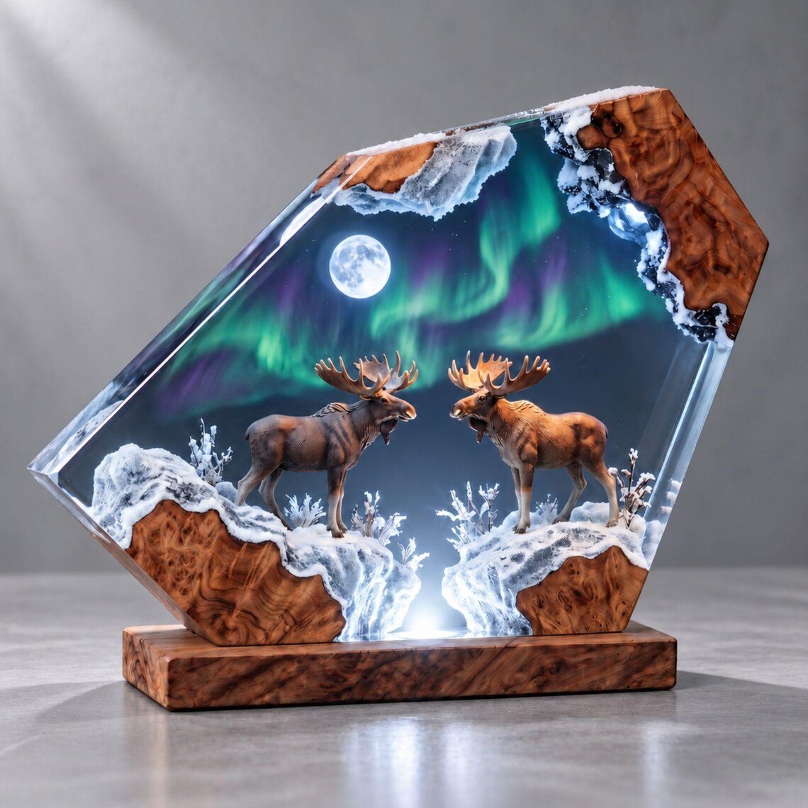 Two bull moose resin lamp glowing white