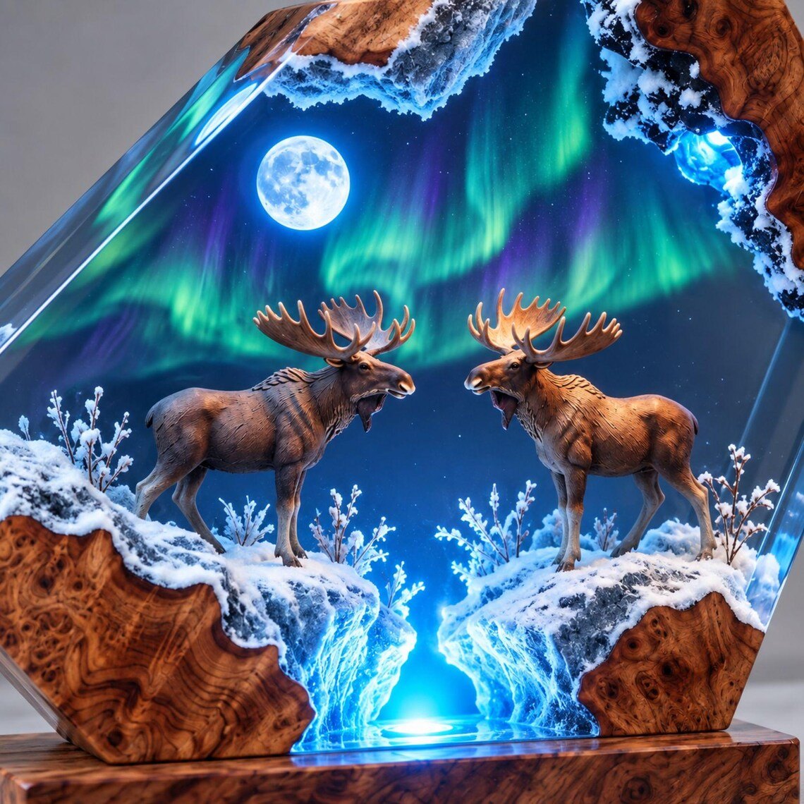 Close view of two moose, aurora and full moon