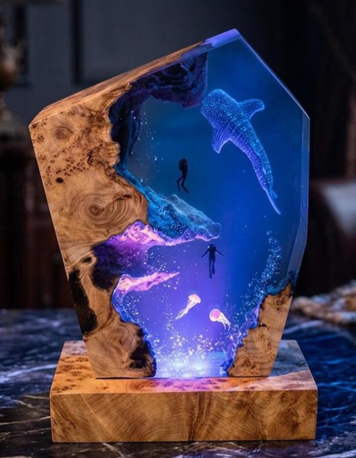 Whale shark resin lamp with burl wood glowing blue