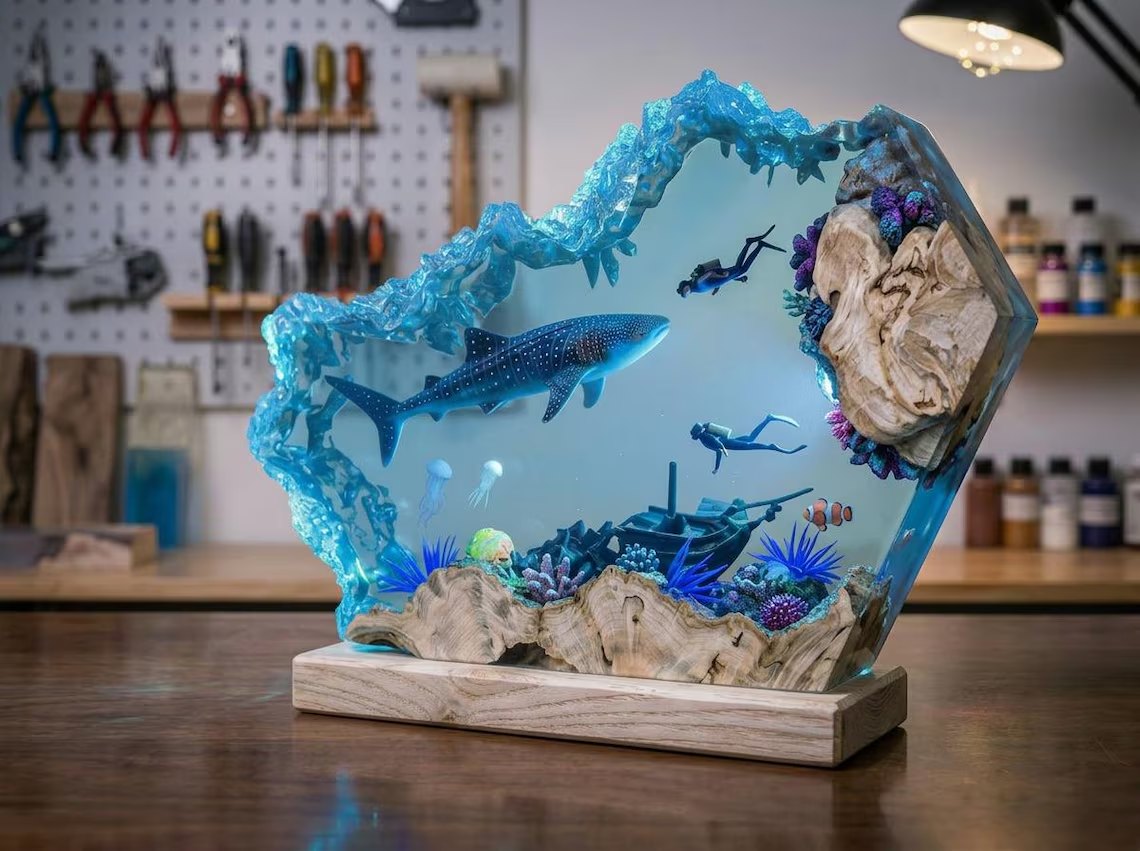Front view of whale shark, divers and shipwreck in resin
