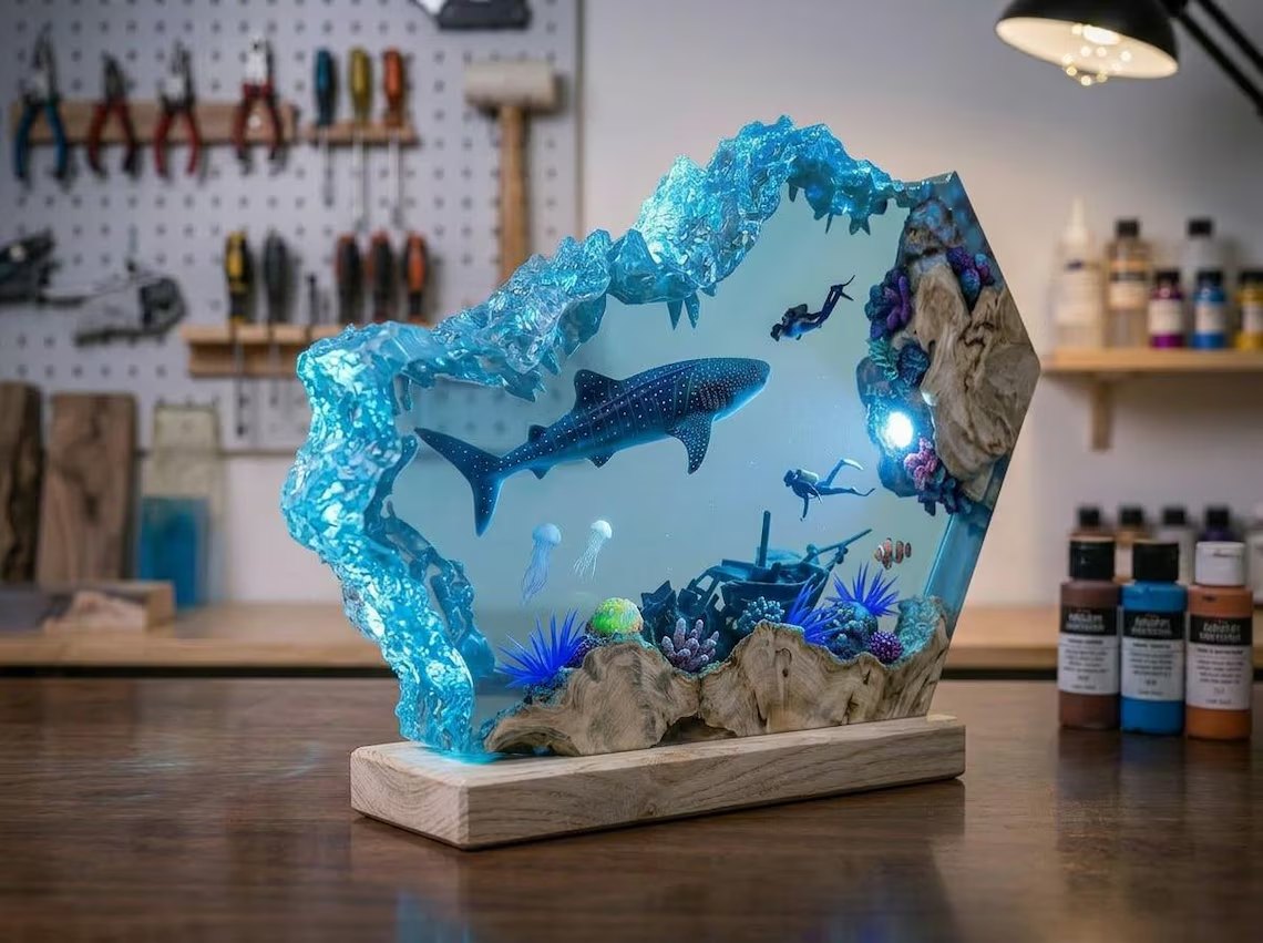 Angled view of the whale shark resin lamp glowing blue