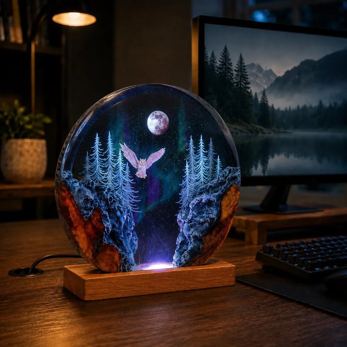 Owl resin lamp glowing on a desk beside a monitor