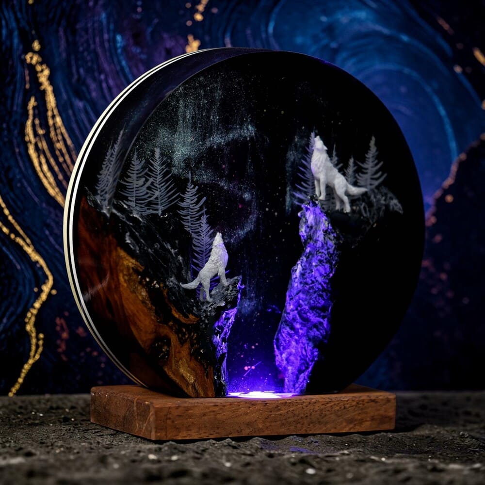 Epoxy Resin Lamp — Two White Wolves Howling in a Round Night Forest Disc, Wood Base - view 2