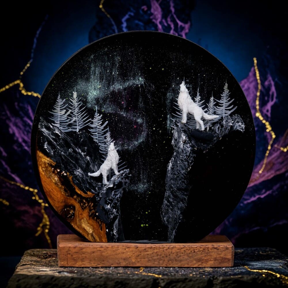 Epoxy Resin Lamp — Two White Wolves Howling in a Round Night Forest Disc, Wood Base - view 5