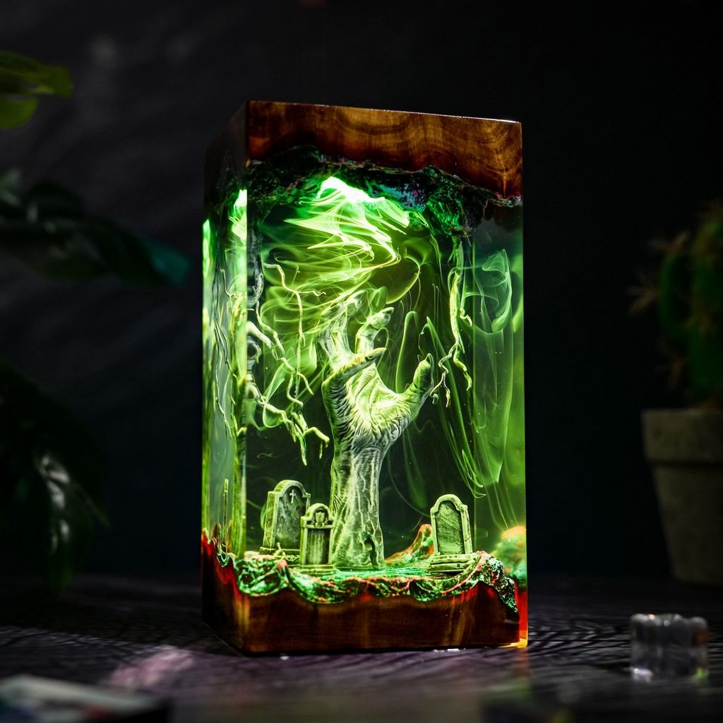 Zombie hand graveyard resin lamp glowing green