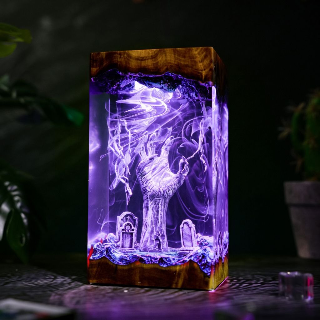 Zombie hand graveyard epoxy lamp glowing purple